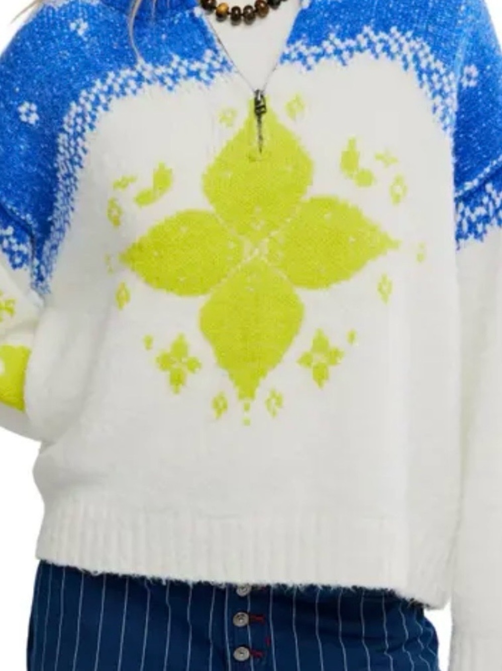 Free People White Cowlneck Sweater with Neon Yellow Motif and Blue Shoulders